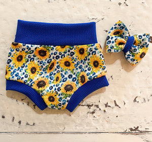 Leopard Blue Sunflower Baby Bummie Set