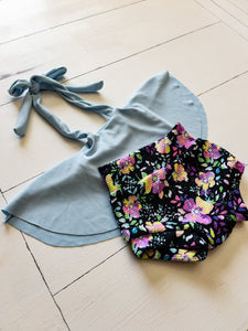 Neon Watercolor Rose Baby Bummie and Pale Blue Swing Top Outfit