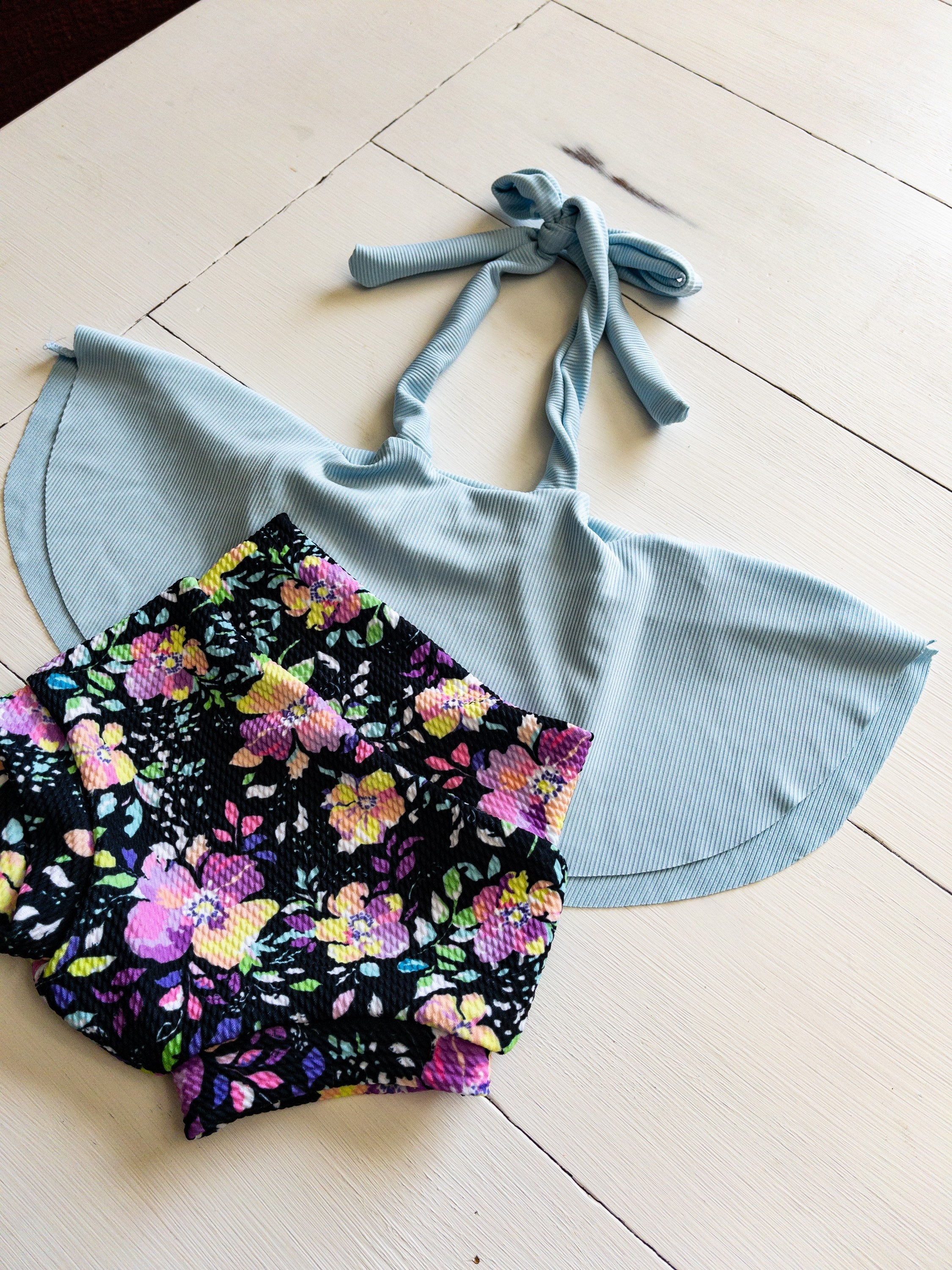 Neon Watercolor Rose Baby Bummie and Pale Blue Swing Top Outfit