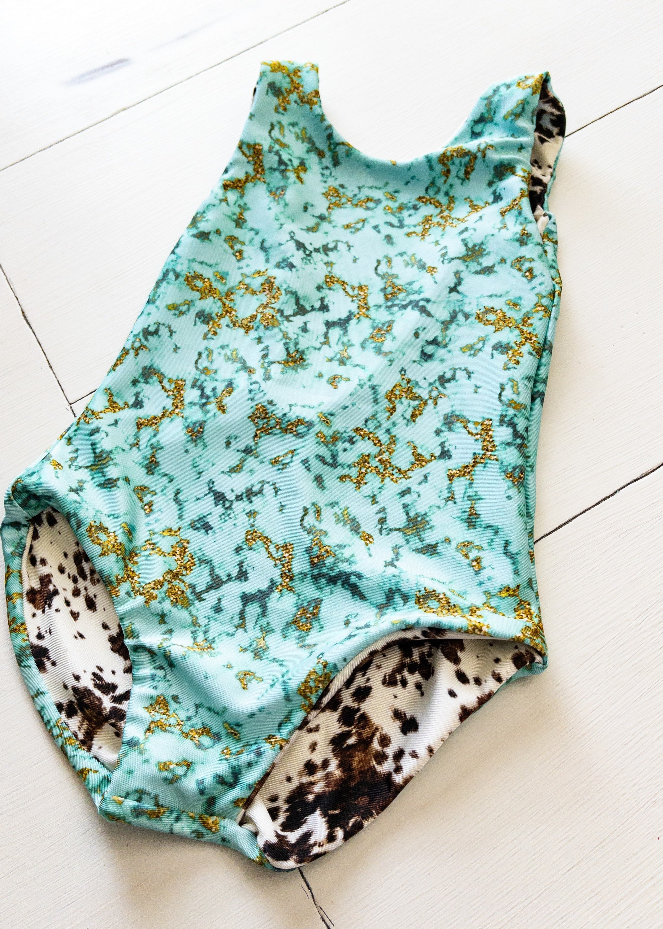 Western Cowhide and Marble Baby Girl Reversible One Piece Swimsuit