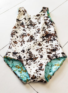 Western Cowhide and Marble Baby Girl Reversible One Piece Swimsuit